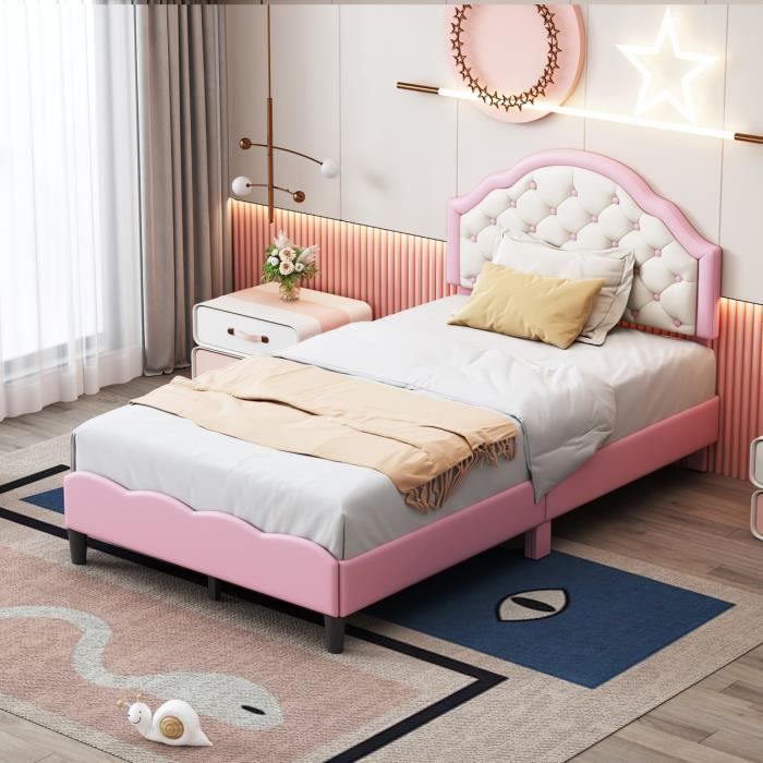 creahappy lit enfant lit capitonné 90x200cm avec sommier à lattes avec dossier lit fille en cuir pu rose