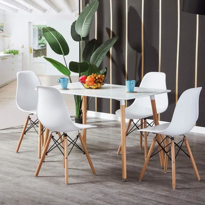 Ensemble Table de Salle à Manger Laqué Blanc + 4 chaises Blanc - Style scandinave - Adulte