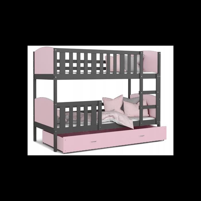 Lit superposé 3 places Tomy 90x190 GRIS ROSE Livré avec 3 sommiers et 3 matelas en mousse de 7cm OFFERTS