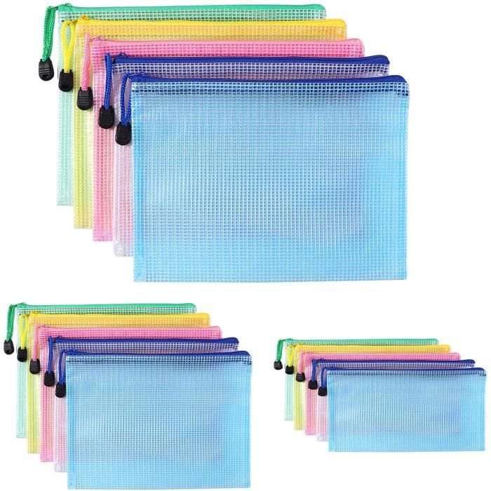 Pochette Plastique A4+A5+A6, 15PCS Pochette Zippée, PVC Mesh