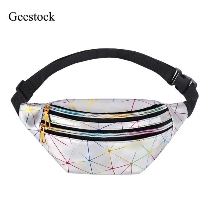 EOUIAV 2Pcs Sac Banane holographique géométrique étanche au Laser coloré Brillant pour Voyage, fête, Sport, Course à Pied, randonnée, Usage Quotidien, Noir, Couleur Flash Laser