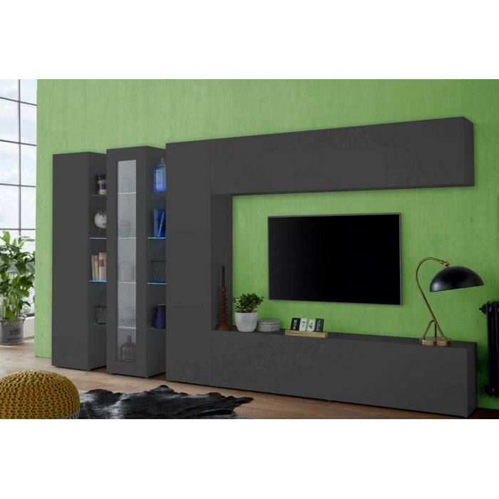 Dmora - Élément mural Bellino 320x30xh180 cm Anthracite Panneau effet bois et Verre