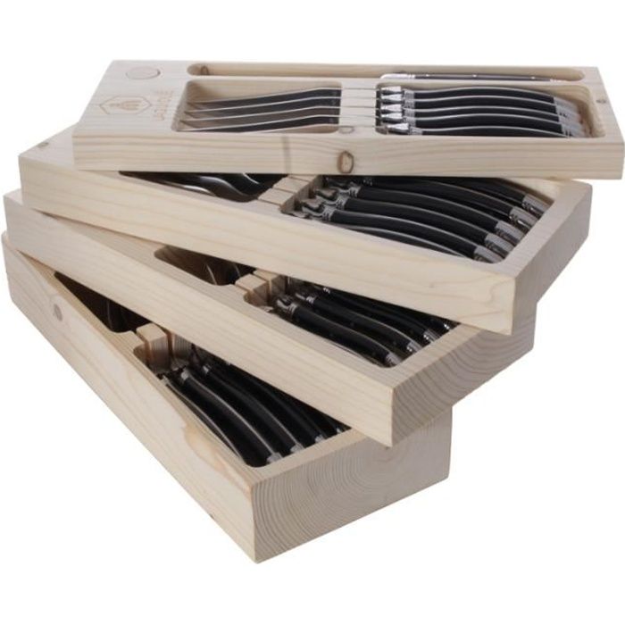 Laguiole L'Eclair Ménagère 24 pièces, noir, dans une Boîte en Bois