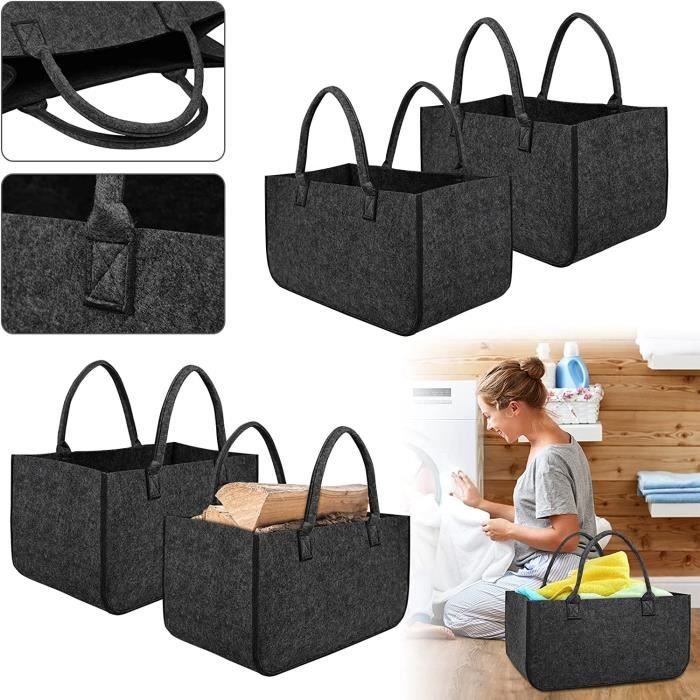 Tebewo Lot De 2 Sacs De Courses En Feutre XXL - Grand Panier Pliable Avec Anse Pour Bois De Cheminée, Achats Et Transport, Gris/Magenta, 40 X 27 X 27 Cm