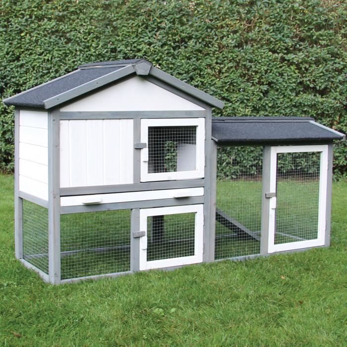 Meilleurs prix pour Clapier Klopfer 146 x 52 x 86 cm Gris / Blanc - Lapinier avec enclos - Bois traité pour une utilisation en extérieur - Cage à lapin