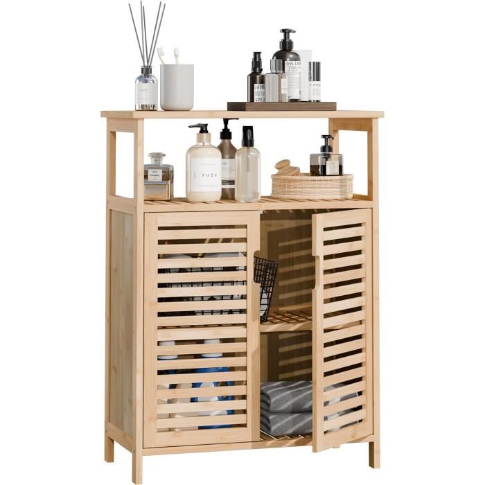 Armoire De Rangement En Bambou Avec Porte à Volets - 3 étagères, Pour Salle De Bain, Cuisine, Salon - 7