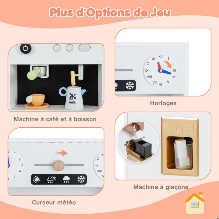 ROBUD Kit De Jeu De Cuisine Pour Enfants En Bois Réaliste, Grand, Avec Four, Machine à Glace, Machine à Café, Vaisselle, Etc., Cadeau Pour Enfants à Partir De 3 Ans, Blanc