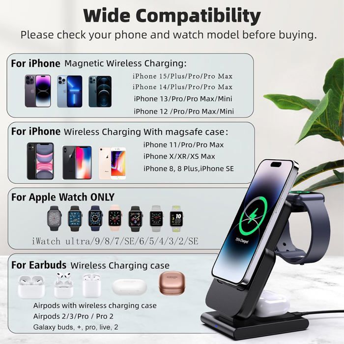 RoRoSkin - Chargeur Sans Fil Magnétique 2-en-1 Pour IPhone 12-16 Et AirPods - Station De Charge Rapide 15W, Argent