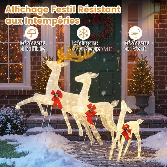 Décorations Noël Lumineuses Extérieures - Famille De 3 Rennes LED (120cm, 88cm, 65cm) - 270 LEDs Blanc Chaud, Fil Doré - Résistant Intempéries