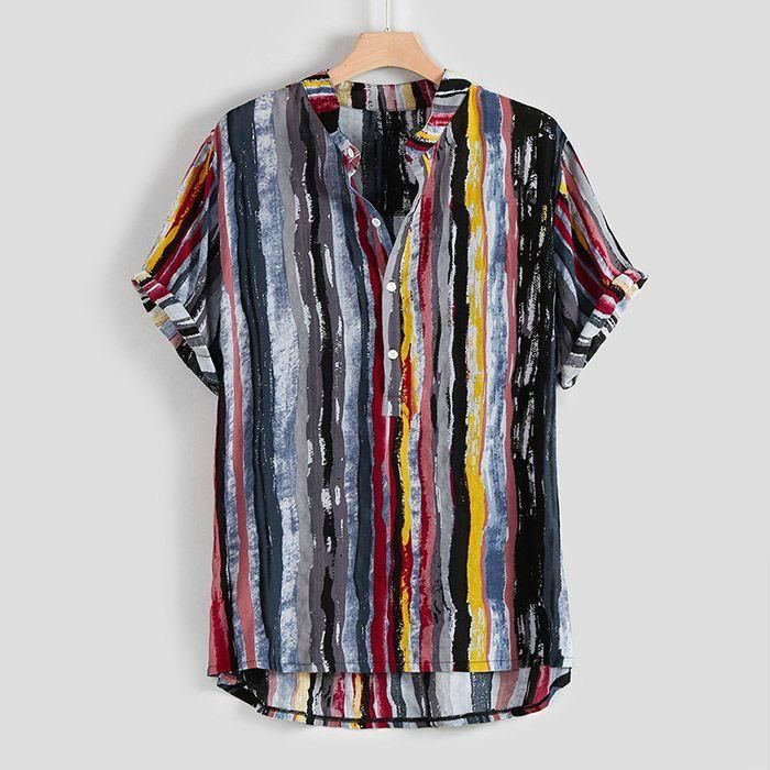 Hommes Chemise Respirant Bande Impression Col Montant Manches