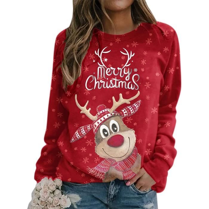 Pull De Noël Femme Drôle - Sweatshirt Manches Longues Imprimé Cerfs/Flocons - Col Rond Chaud Et Confortable Pour Les Fêtes