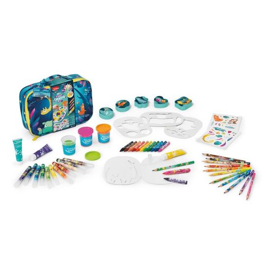 Maped Creativ - Valisette avec + de 50 pièces Jungle Fever - Activités Créatives & Colorées - Crayons, Feutres et Craies Jumbo + Peintures au Doigt, Pâtes à Modeler, Stickers, Accessoires - 2 à 5 Ans