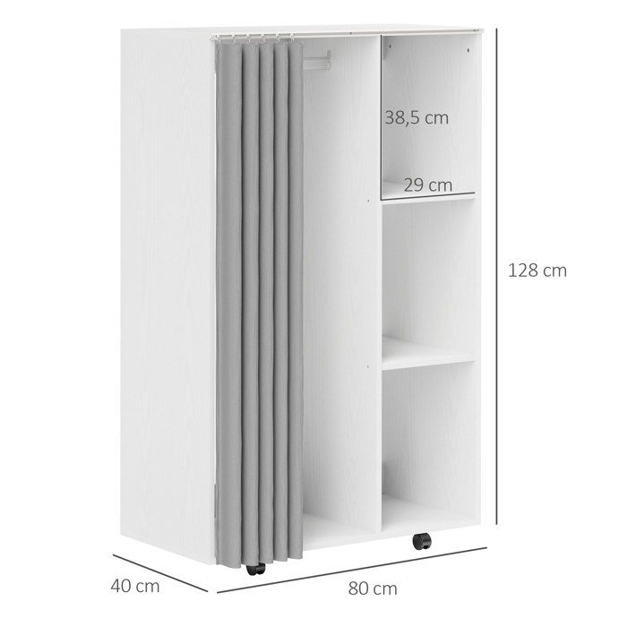 Portant Vêtements HOMCOM 2 Niches + Penderie - Roulettes Avec Frein - Bois Blanc - Rangement Mobile