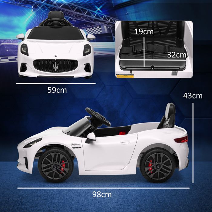 Elektromos autó gyerekeknek 3-5 éves korig AIYAPLAY 12V Maserati Gran Turismo Folgore, 3-5 km/h Elektromos autó gyerekeknek 2 motorral, távirányítóval, övvel, zenével, kürttel és fényszórókkal, fehér