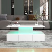Table basse brillante LED 100 x 50 x 39 cm Meuble de salon avec 1 tiroir caché et 2 niveaux de rangement Lumières LED - blanc