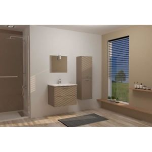 SALLE DE BAIN COMPLETE Ensemble meuble de salle de bain suspendu 2 tiroirs 60 cm Taupe - KUNDO - Contemporain - Design