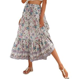 JUPE Jupe Longue Femme Boheme Taille Haute Maxi Skirt élastique Ete Chic Imprimé Floral A-Ligne Jupe de Plage Décontractée Blanc