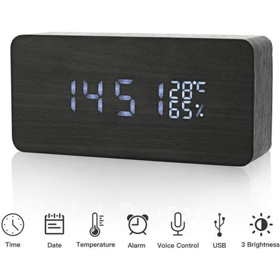 Réveil Numérique Coucou Fisura - 3 Alarmes, Affichage Température - Design Maison Noir - USB-C