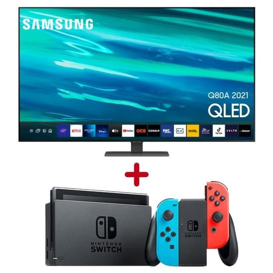Pack Gaming : Smart TV Samsung QLED Q80A • 55'' (138cm) • HDMI 2.1 • Dalle 100Hz + Console Nintendo Switch Néon