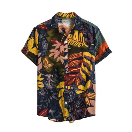 Chemise Hawaïenne Homme Manches Courtes - Imprimé Coucher De Soleil Plage, Polyester, Coupe Décontractée