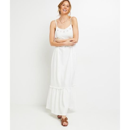 Robe longue femme GRAIN DE MALICE Blanc Bretelles Details de broderie Volant dans le bas Blanc Cdiscount Pret a Porter
