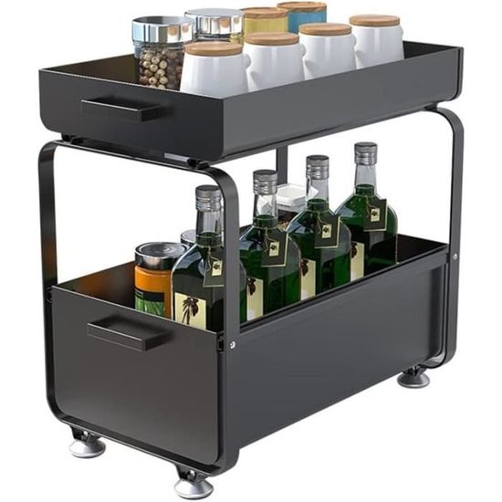 Rangement Sous évier à 2 étages Avec Tiroir Coulissant Noir