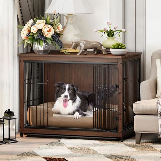 Cage Chien Intérieur Grande Taille en Bois Meuble Cage pour Chien avec