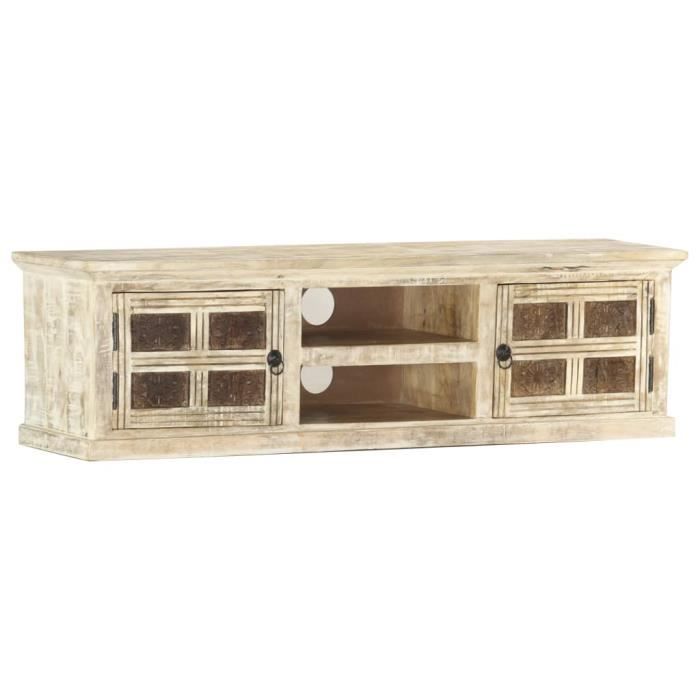 VAGUE Meuble TV Blanc 130x30x36 cm Bois massif de manguier