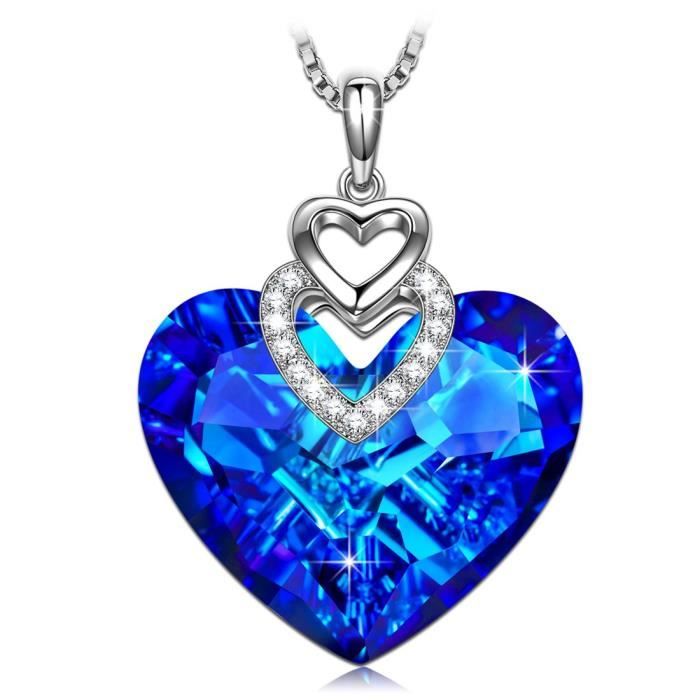 SIVERY -Coeur d'Océan- collier femme, Collier bleu avec Pendentif Femme avec Cristal Swarovski Elements, bijoux femme, collier co