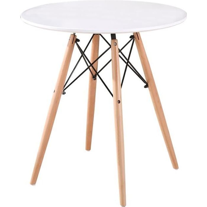 Ø70CM Table à manger ronde de 2 à 4 personnes scandinave blanc laqué + pieds en bois hêtre massif