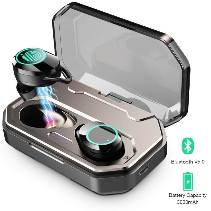 Écouteurs Bluetooth sans Fi 5.0 , Oreillette Bluetooth 3000mAh Appariement Automatique, IPX7 Étanche Charge Magnétique