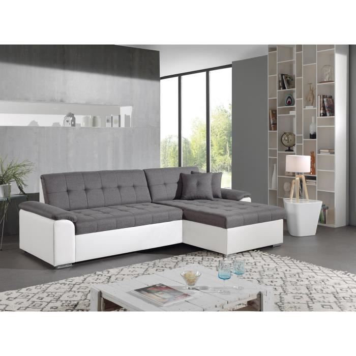 HANS - Canapé d'angle réversible convertible - en tissu et simili - 4 places - avec coffre Couleur - Blanc / Gris