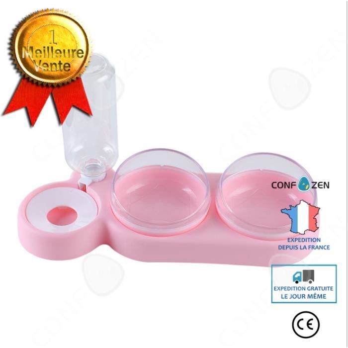CONFO 3 en 1 Gamelle pour Petit Chat et Chien Distributeur d'Eau Gamelle Double 360° Rotation Rose