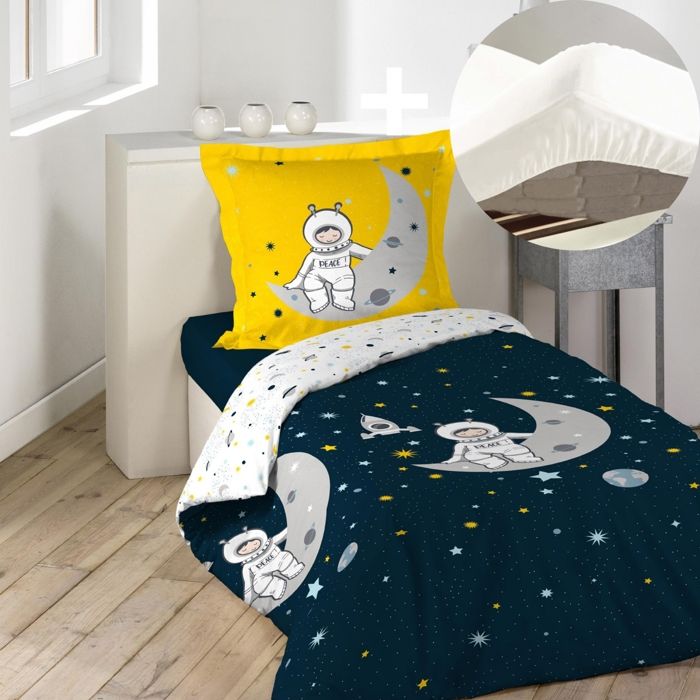 Pack parure de couette enfant 140x200 cm Astronaute + drap housse 90x190 Blanc