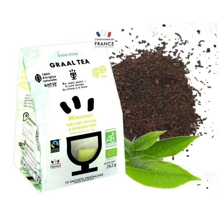 GRAALTEA THÉ MINCEUR Bio en sachet cristallin biodégradable compostable - Thé vert Ceylan & rooibos Bio & Équitable - Arôme naturel