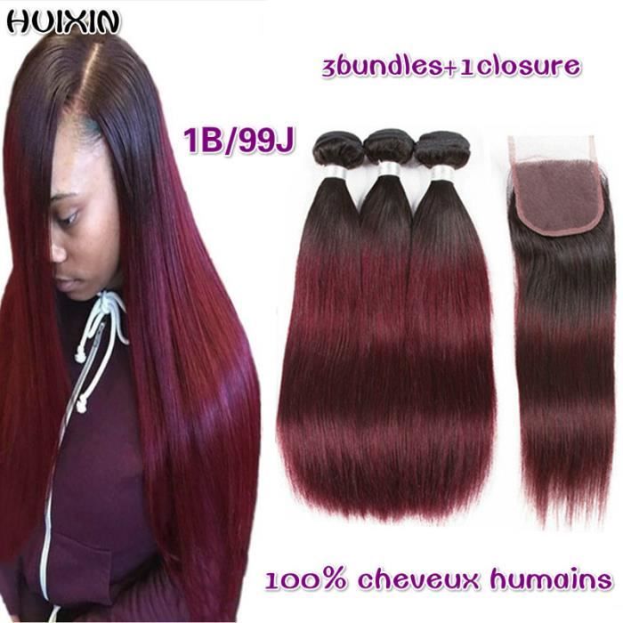 3tissage 1B-99J Ombre Hair Brésilienne Lisse Vierge Raides Cheveux Raides 100g-p+4x4closure(22 24 26+20-closure)