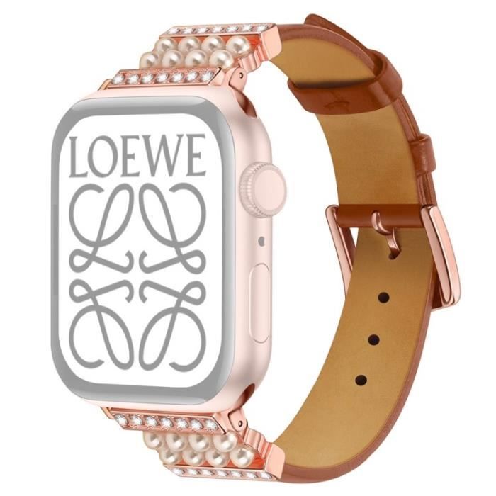 Sangle Pour Apple Watch Series 7 45Mm-6-5-4-Se 44Mm 3-2-1 42Mm Perle Hingestone Decor Band Vérite Bracelet En Cuir,Brun