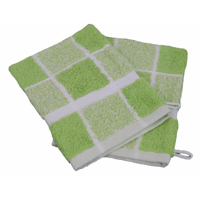 LINANDELLE - Lot de 2 gants de toilette coton bouclette Carreaux CELESTE - Vert pistache - 15x21 cm