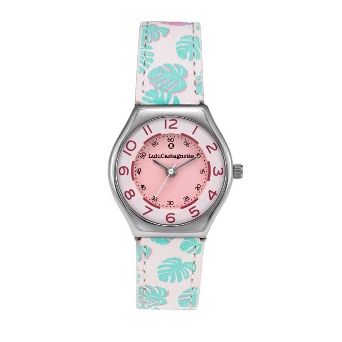 Montre Bracelet - LULU CASTAGNETTE - Montre enfant LuluCastagnette Mini Star cuir blanc motif feuille rose et vert - Couleur de la