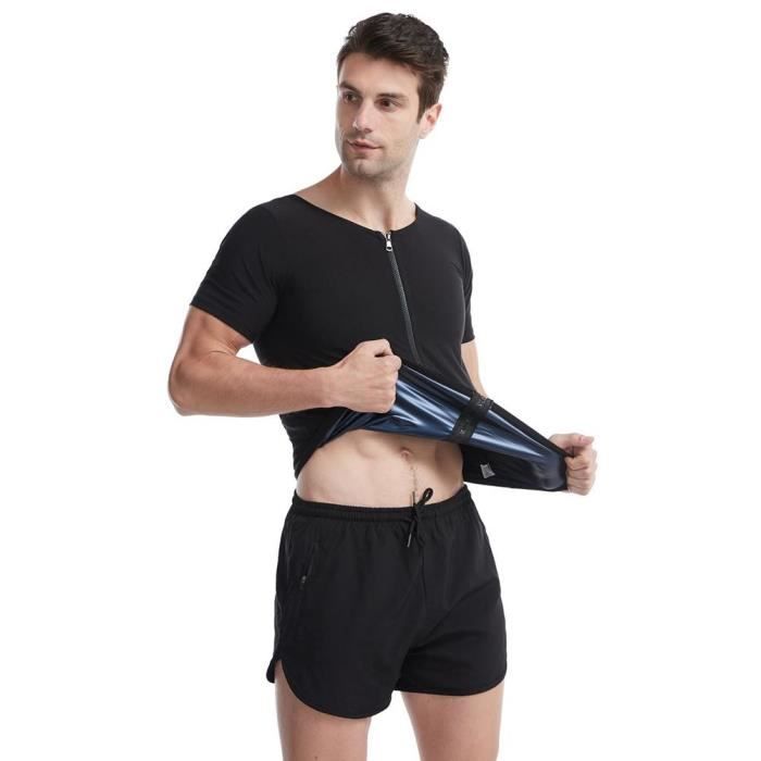 T-Shirt de Sudation pour Homme Gilet Zippé de Minceur Fitness T-Shirt Effet Sauna Sport Body Shaper Sudation Revêtement Bleu