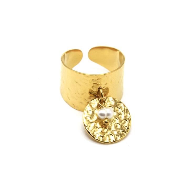 BG1322 - Bague Large avec Pampilles Médaille Martelée Acier Doré et Perle d'Eau Douce