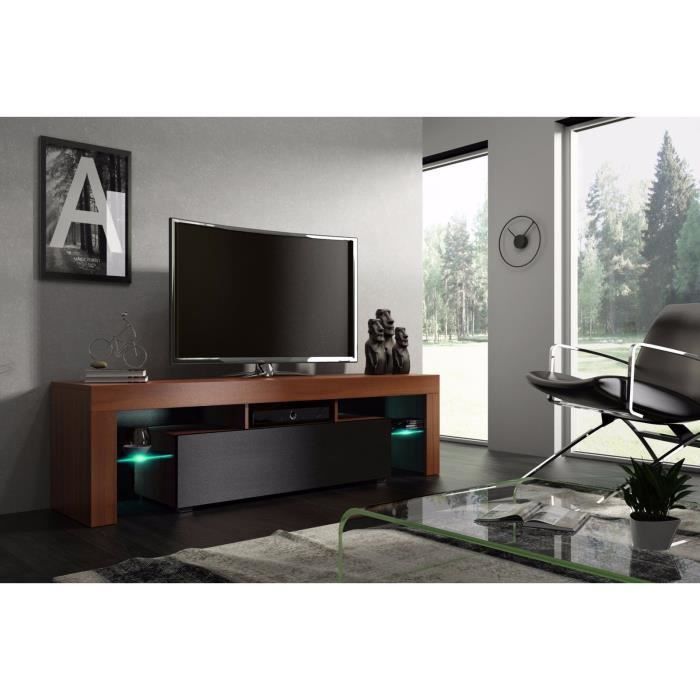 Meuble tv 160 cm noyer MDF et noir mat avec led