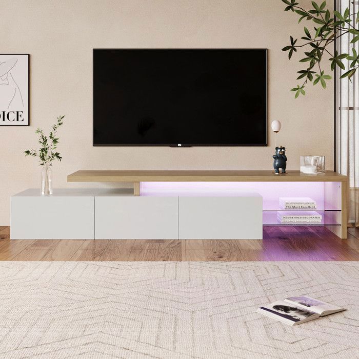 Meuble TV avec espace de rangement et éclairage LED Aspect bois Étagères en verre Design moderne 200x39x42cm Blanc