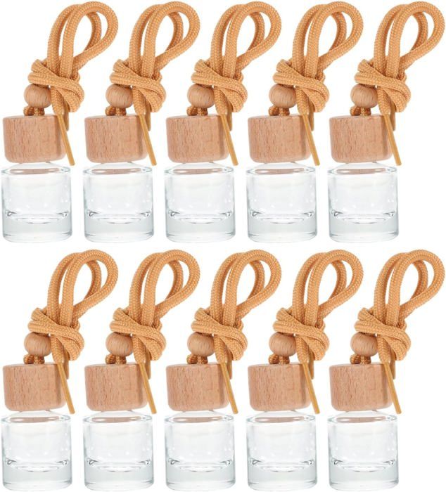 10 Flacons Diffuseurs Voiture Suspendus En Verre - 8ML Avec Bouchon Bois - Parfum D'ambiance Pour Auto Et Bureau
