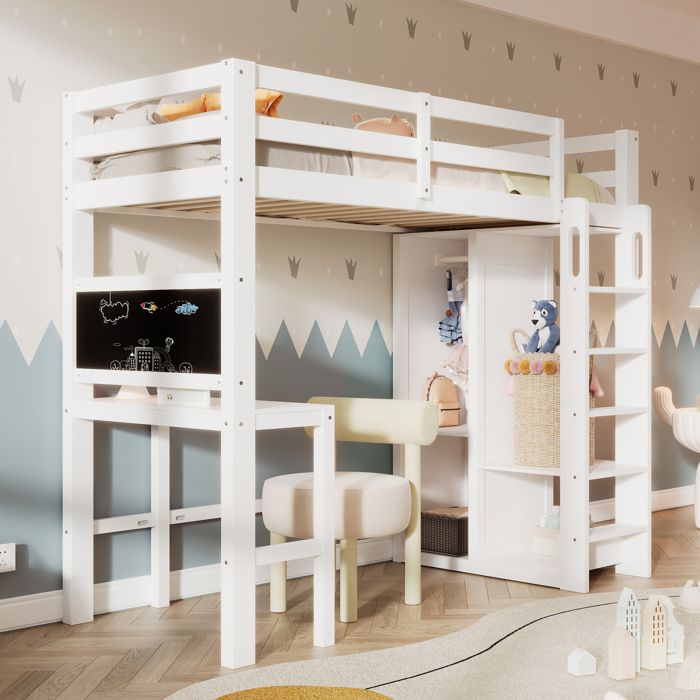 Lit mezzanine - Blanc - 90x200 cm - Bureau intégré - Armoire et étagères - Bois de pin Lit mezzanine - Blanc - 90x200 cm - Bureau intégré - Armoire et étagères - Bois de pin