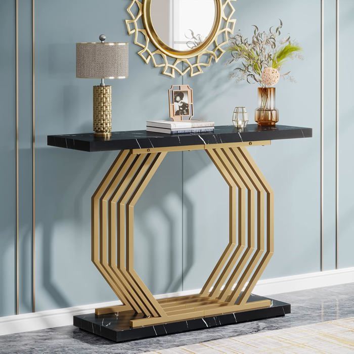Table Console étroite Effet Marbre - Cadre Papillon Doré - 2 Niveaux (100x30x79 Cm) - Pieds Réglables Anti-basculement - Pour Entrée, Salon, Couloir