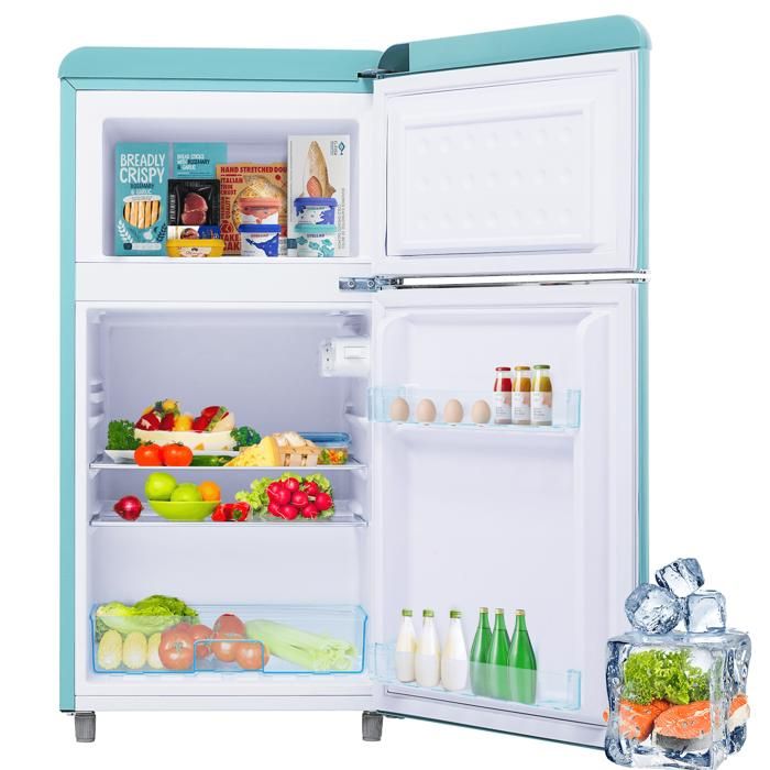 Réfrigérateur rétro à double porte dune capacité totale de 72 litres dont la capacité du congélateur est de 21 litres.cyan