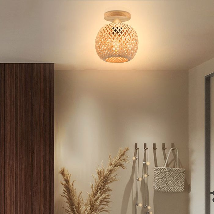 SNOGOLD Plafonnier Rétro Tissage Style Bohème Abat-jour Ø20cm en Bambou Lampe de Plafond Vintage E27 Luminaire pour Salon Couloir