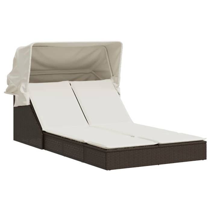 (SOLDE dété) Chaise longue Bain de soleil VIDAXL double avec auvent et coussins marron poly rotin SOL367717