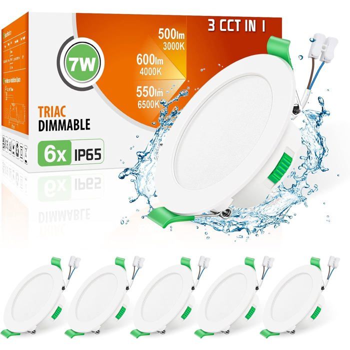 ALUSSO LED Encastrable Spot Dimmable 230V 7W 3CCT Étanche IP65 Plafonnier pour Salle de Bain Salon Lot de 6 Rond Blanc